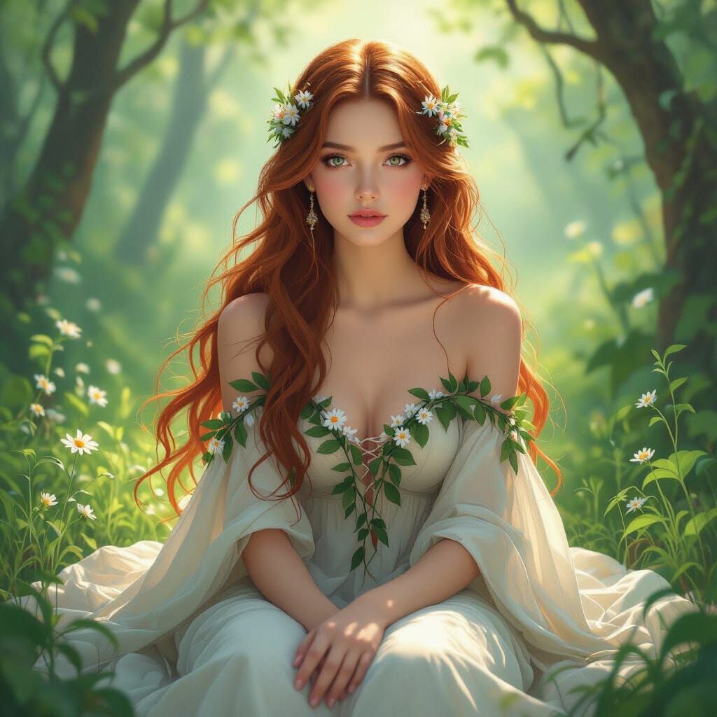 Auburn Beauty in Forest Glade: Hyperrealistic Digital Art