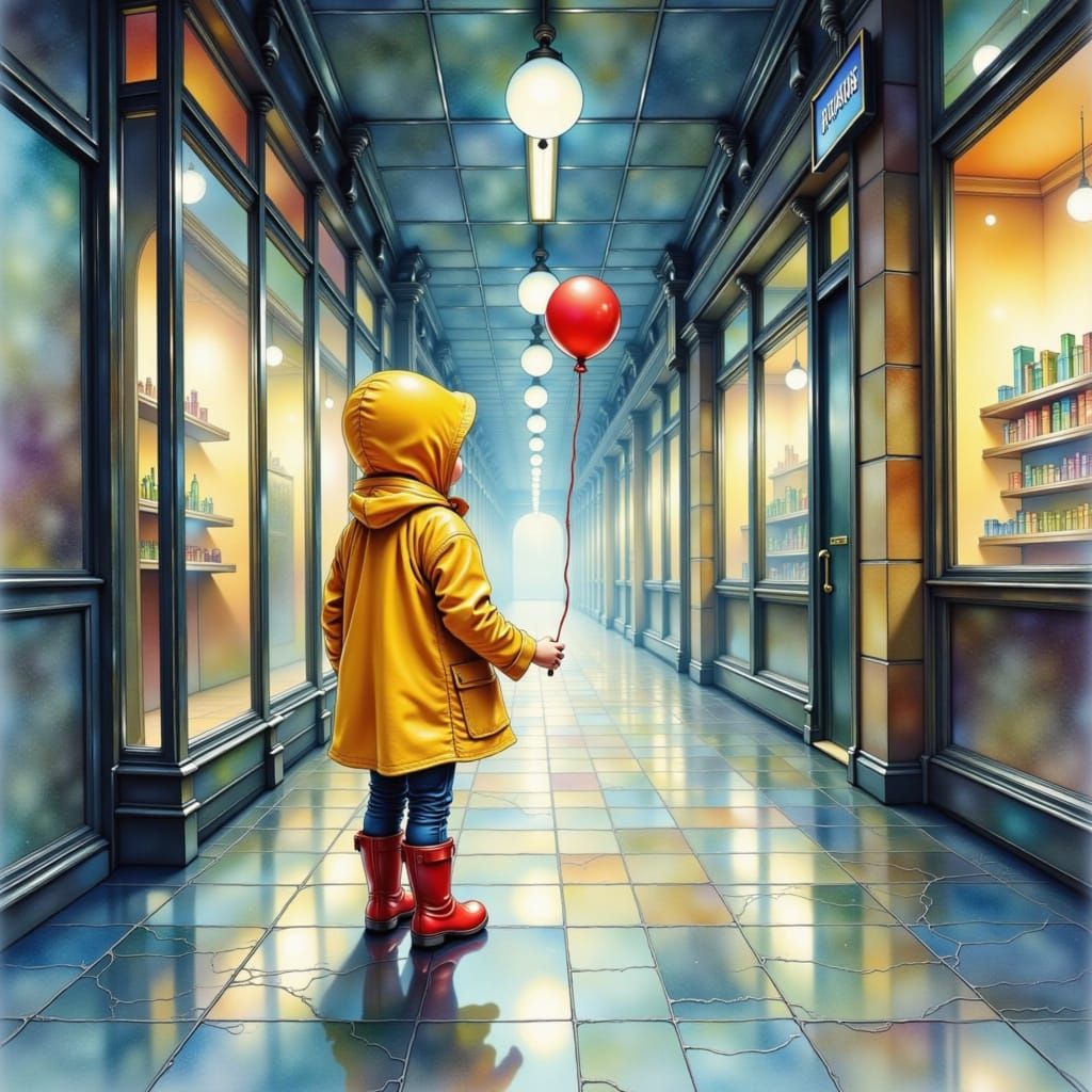 Eerie Watercolor of Child in Empty Mall with Balloon