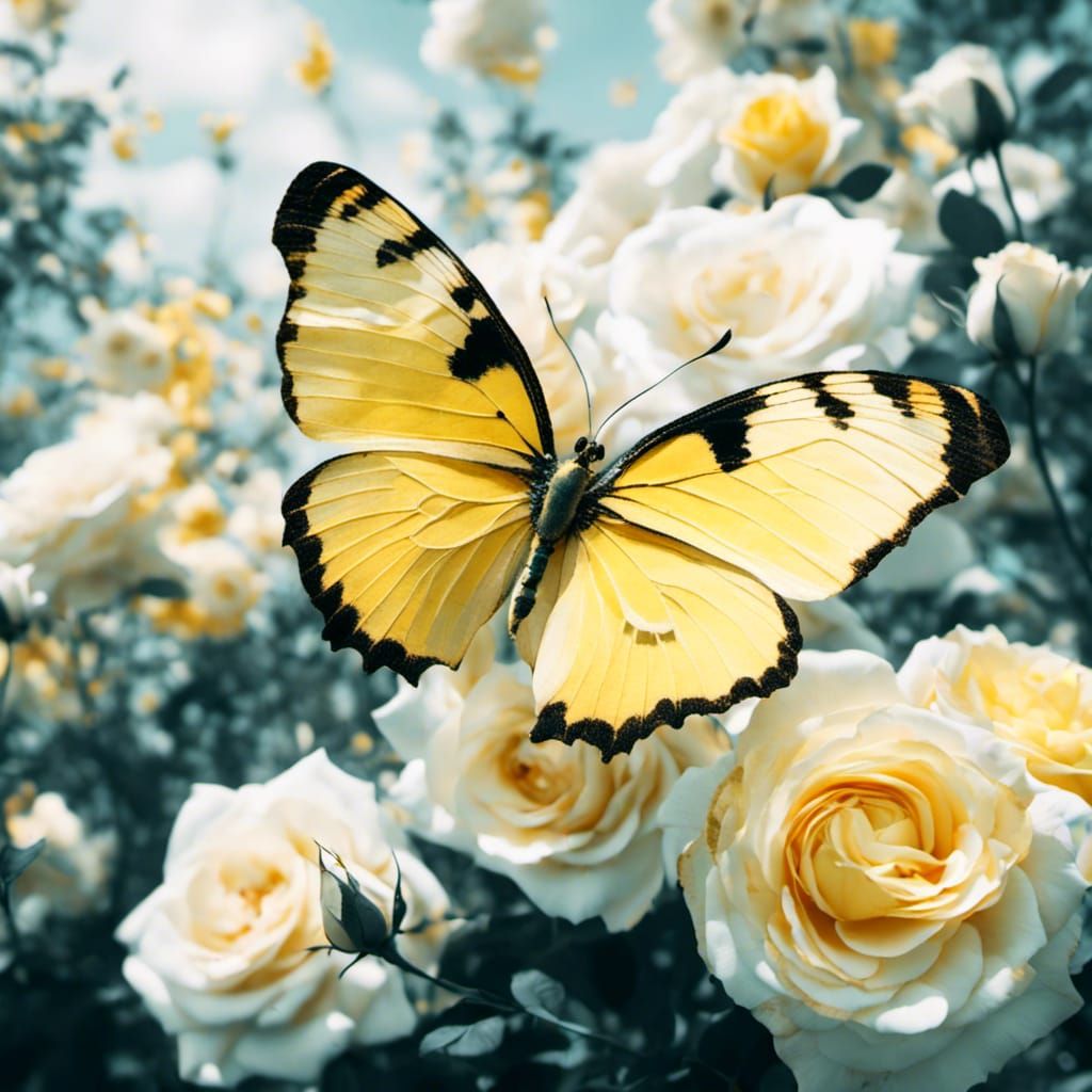 Yellow Butterfly on White Roses Double Exposure