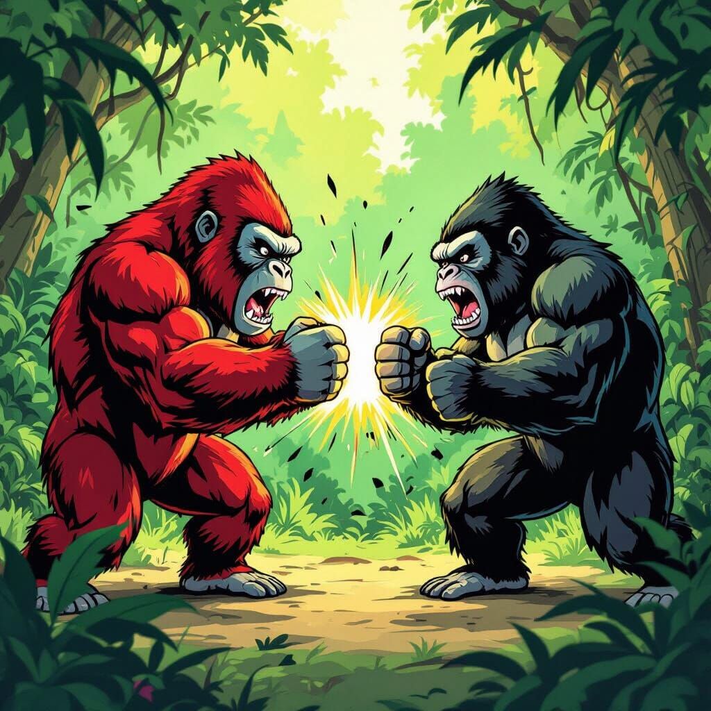 Tiny Gorilla Teams Clash in Vibrant Comic Book Battle