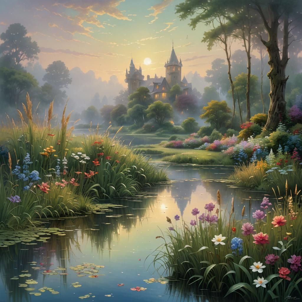 Ethereal Meadow with Pond in Fantasy Style