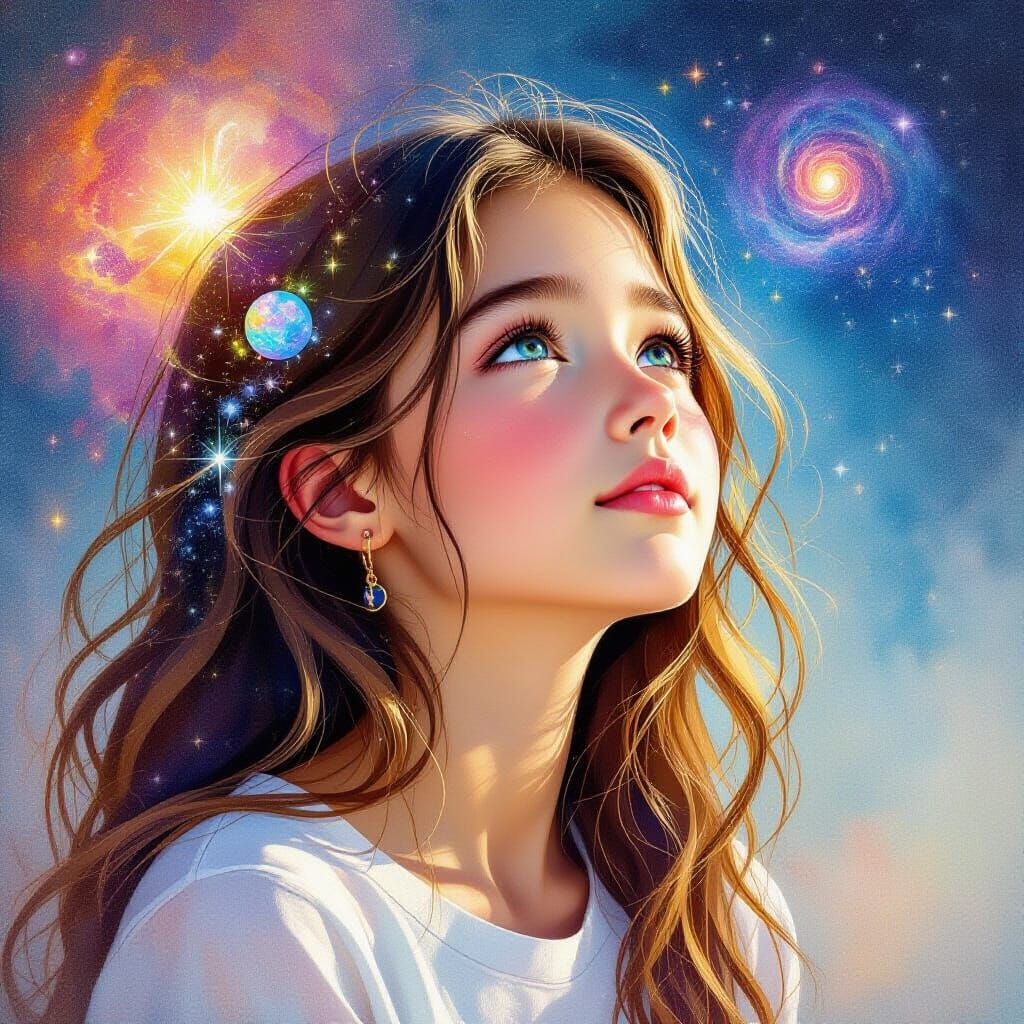 Dreamy Young Girl in Watercolor Style