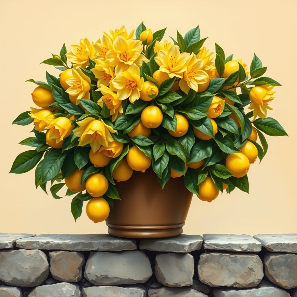 Surreal Lemon Garden Blooms on Weathered Stone Fence in Oil...