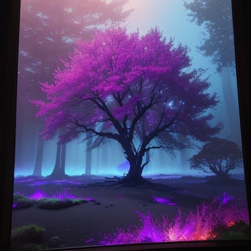 Vibrant Tree Ablaze on Glassy Sea