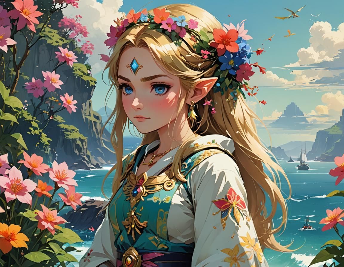 Flower Princess Portrait with Hawaiian Seascape