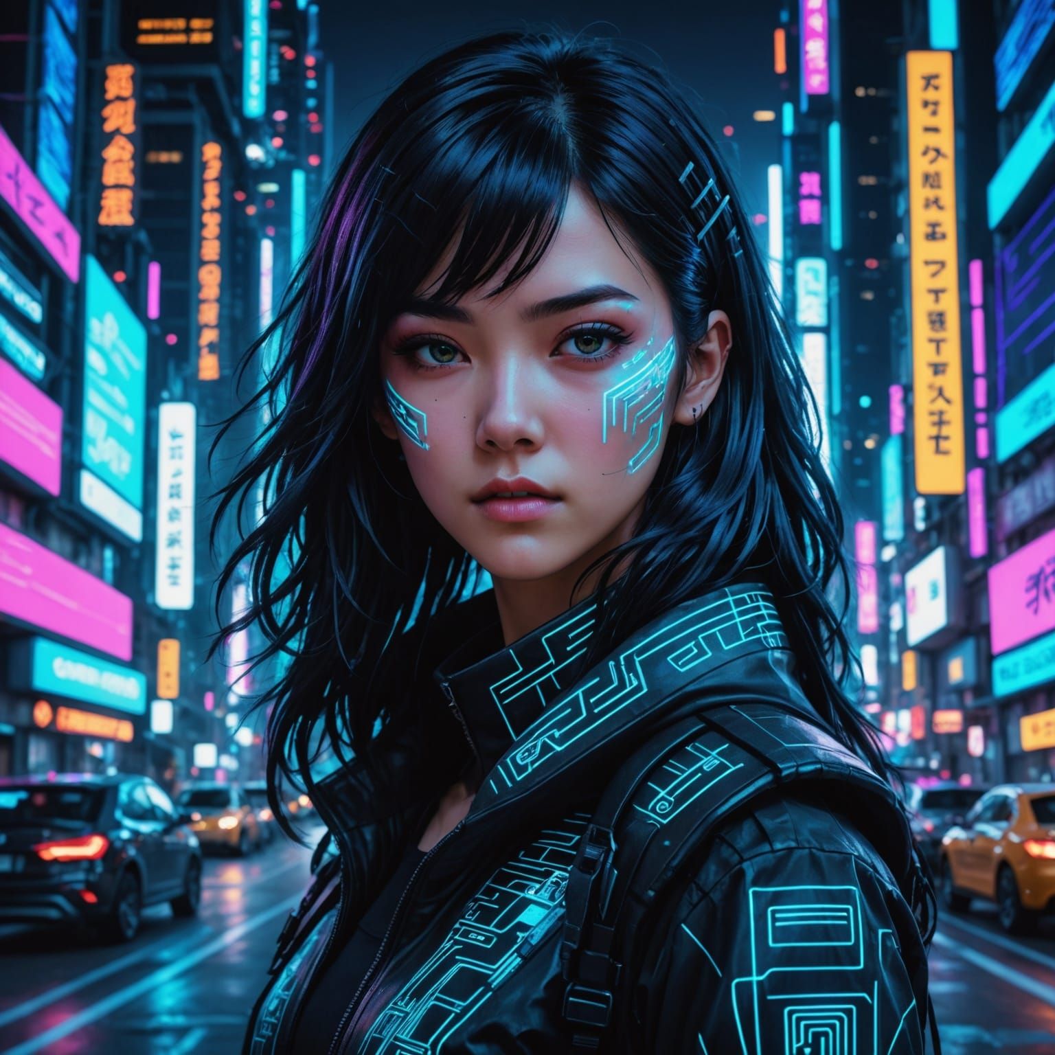 Vibrant Cyberpunk Anime Girl in Futuristic Cityscape