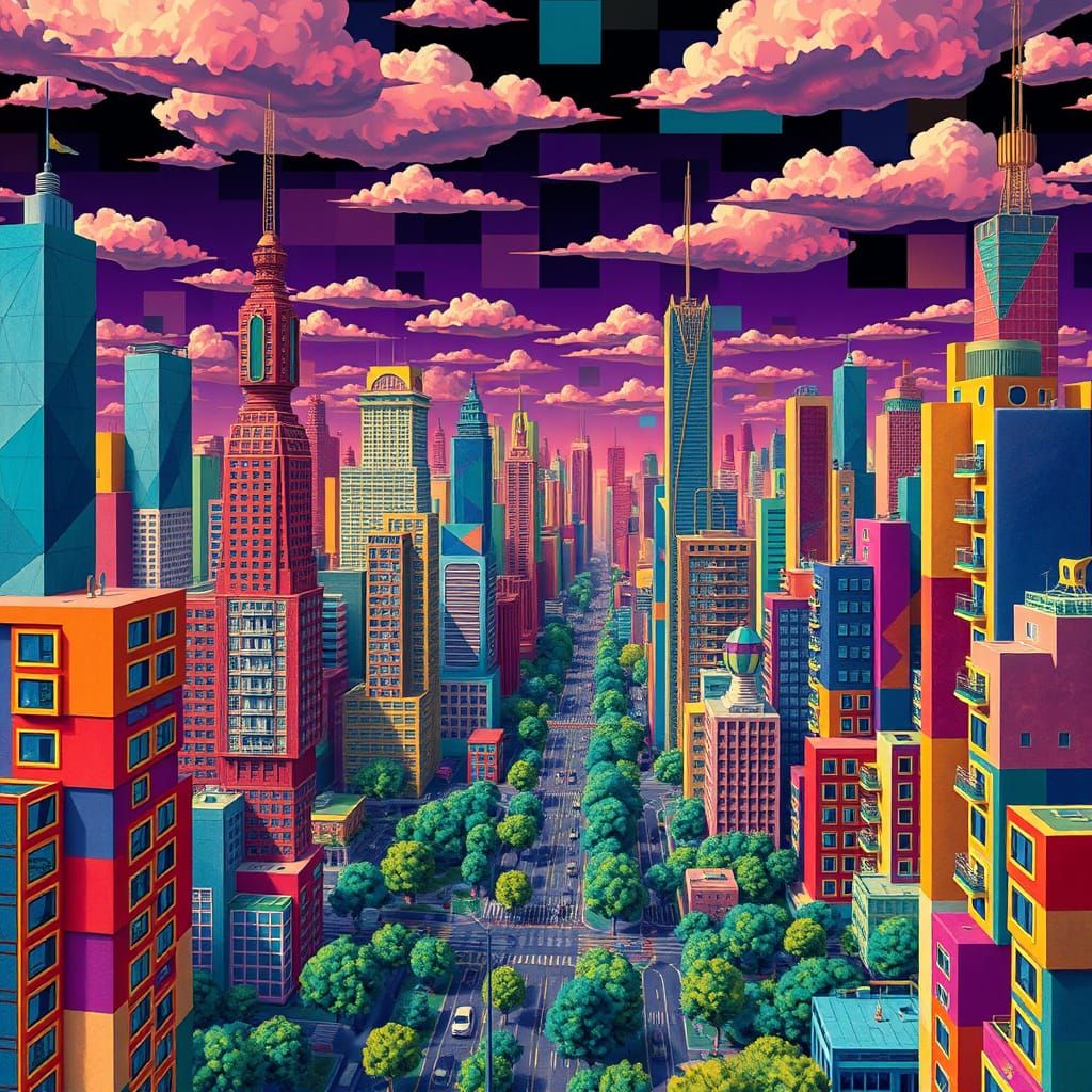 Futuristic Cityscape in Vibrant Geometric Abstraction
