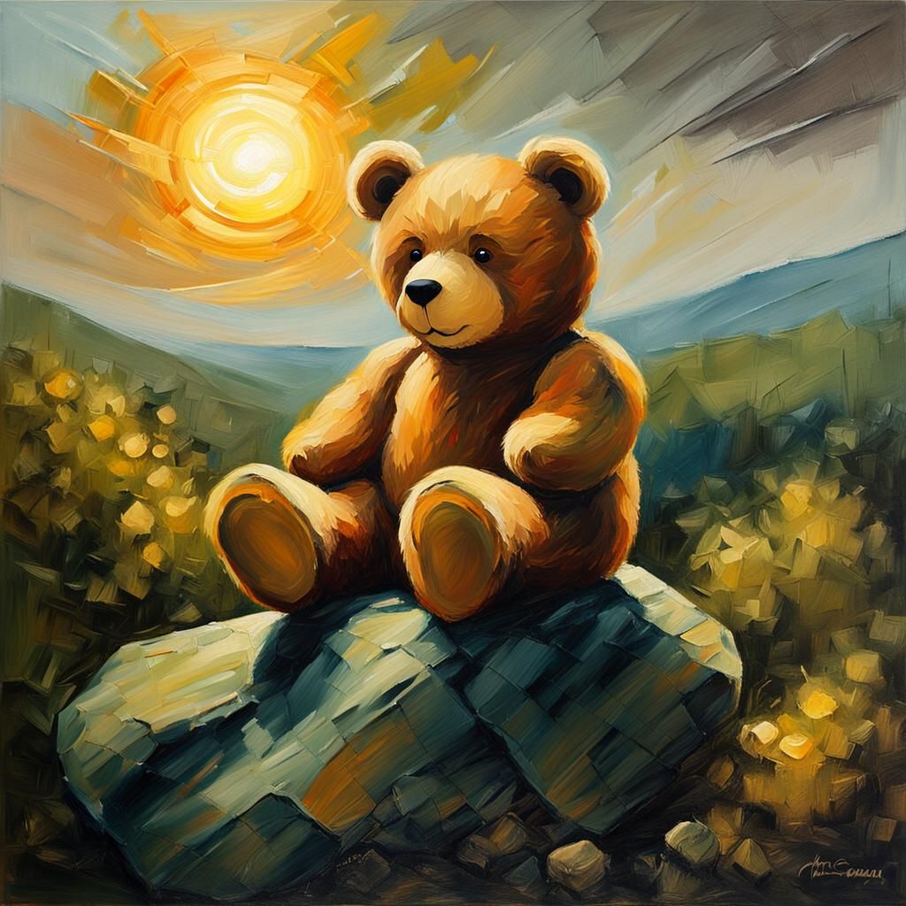 Teddy Bear Cradles Sun: Whimsical Oil Painting