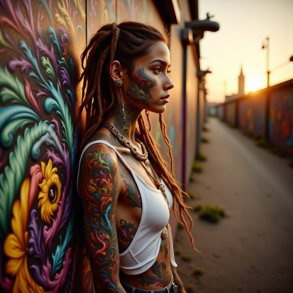 Chicana Art Style Woman at Sunset with Tattoos