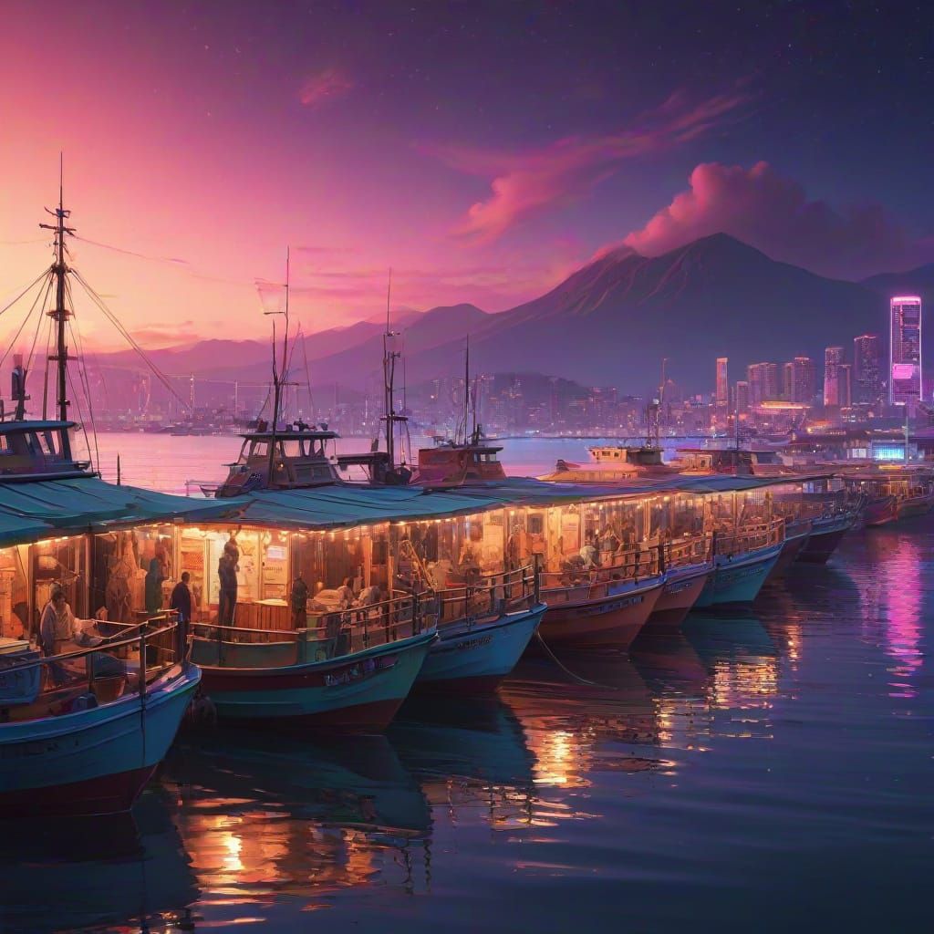 Synthwave Fishing Harbor at Sunrise: Retro Neon Art
