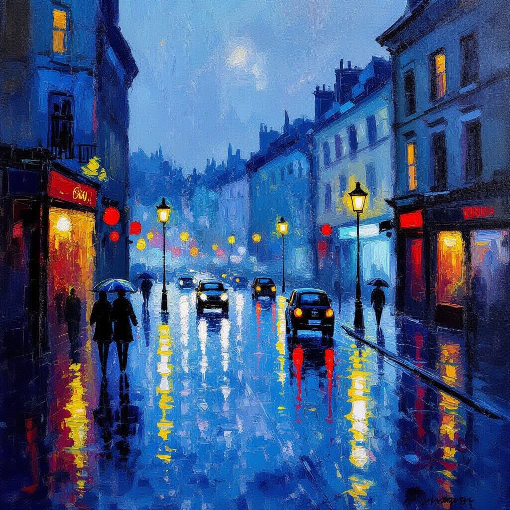 Impressionist City Street at Night in Rain
