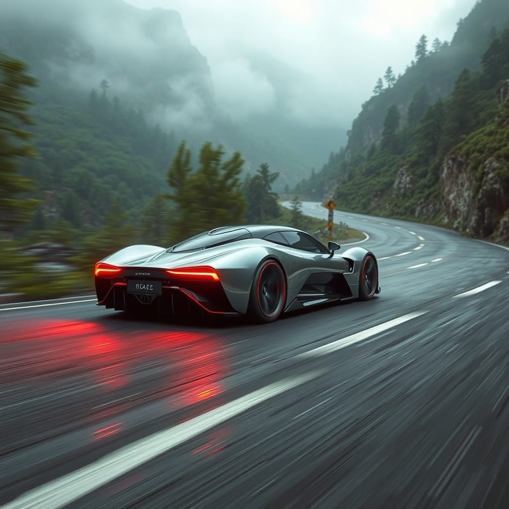 Cyberpunk Hyper Sports Car Speeds Down Futuristic Mountain R...