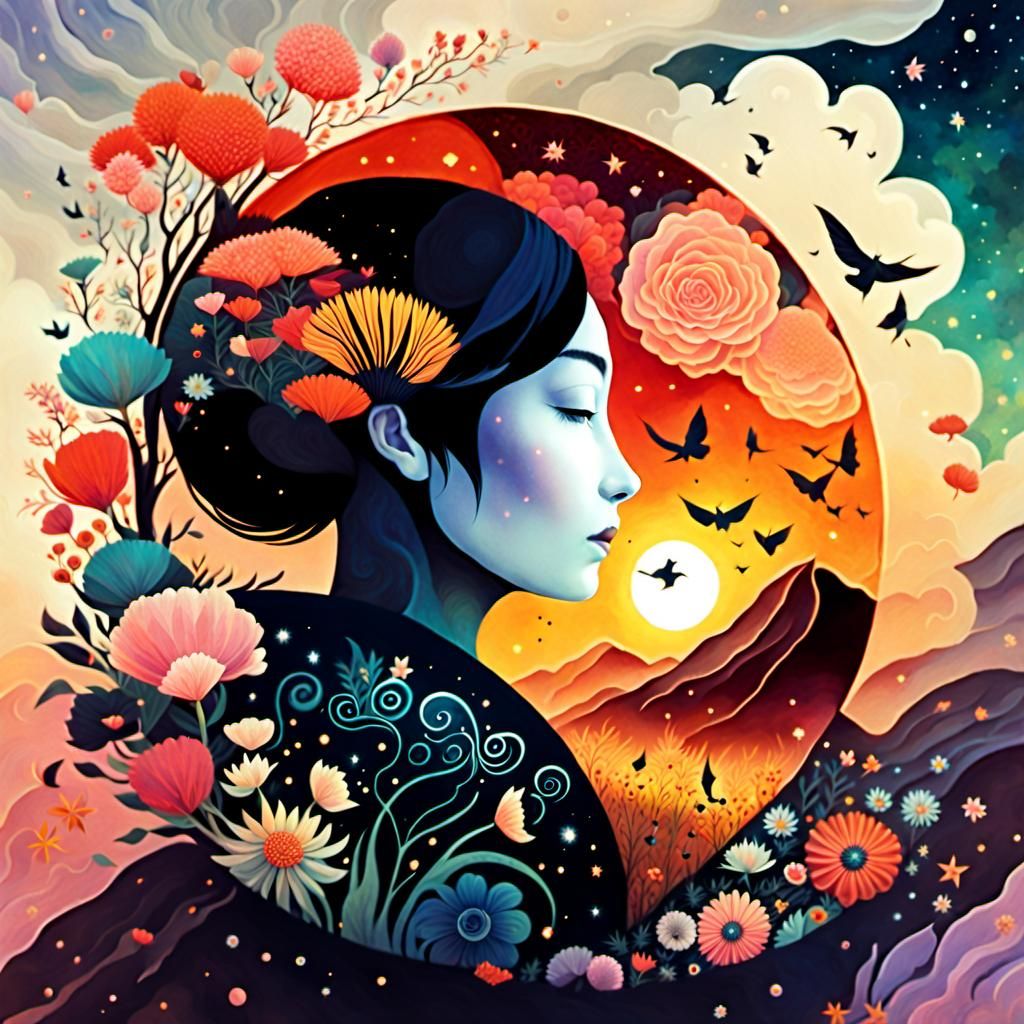 Surreal Fractal Yin Yang Dreamscape in Anime Style