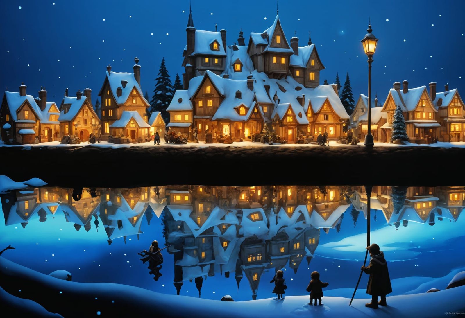Christmas Village Illuminated by Lamplight in Snow