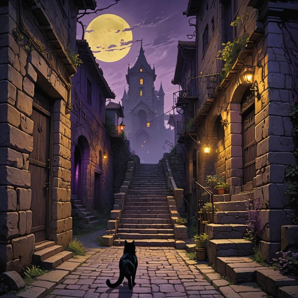 Dark Fantasy: Person, Ladder, Black Cat, Runes