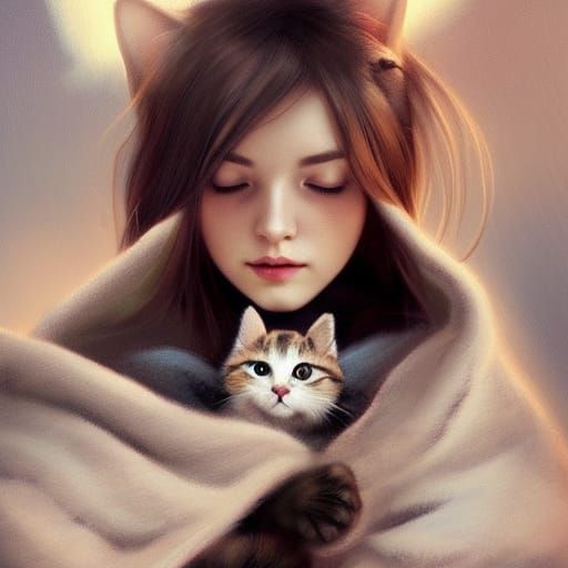 Woman with Cat Portrait in Hyperdetailed Style