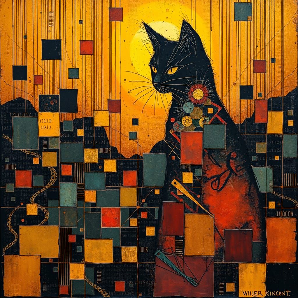 Surreal Cyberpunk Cat in a Dreamlike Landscape of Code