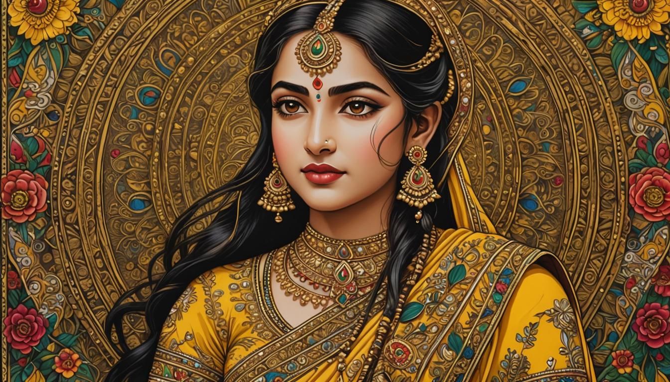 Lovely Sita in Gold Madhubani Painting