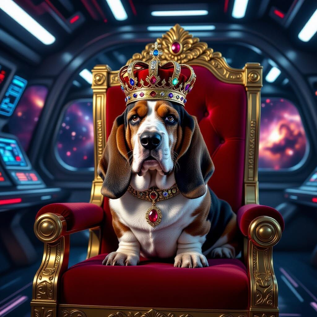 Regal Basset Hound in Crown on Spaceship Throne