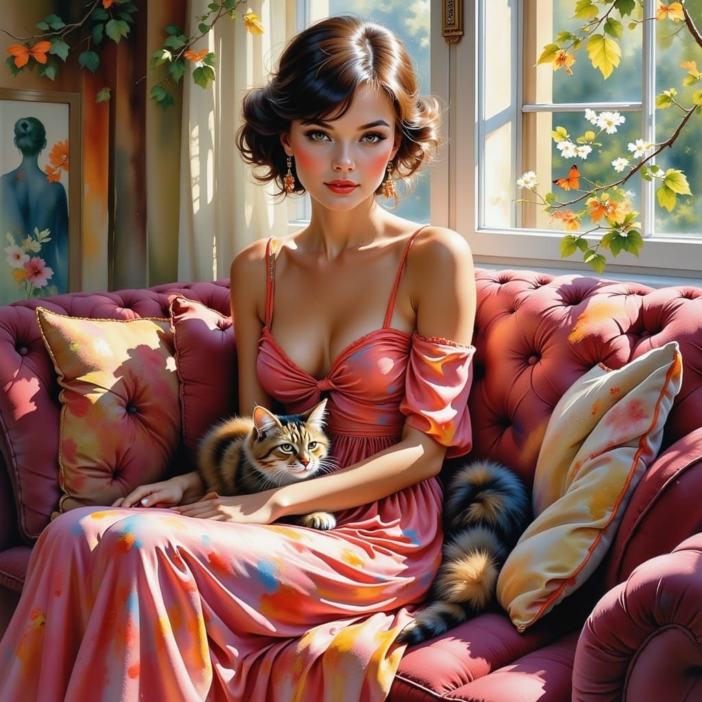 Impressionist Portrait of Woman and Cat on Couch