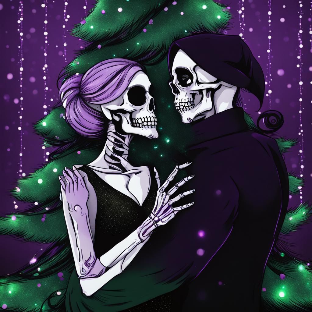 Lovers Hugging Before Spooky Christmas Tree