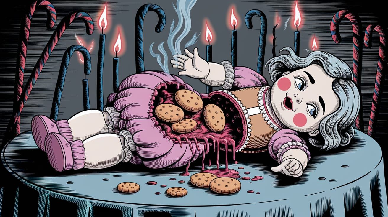 Unsettling Victorian Doll Filled with Biscuits Illustration