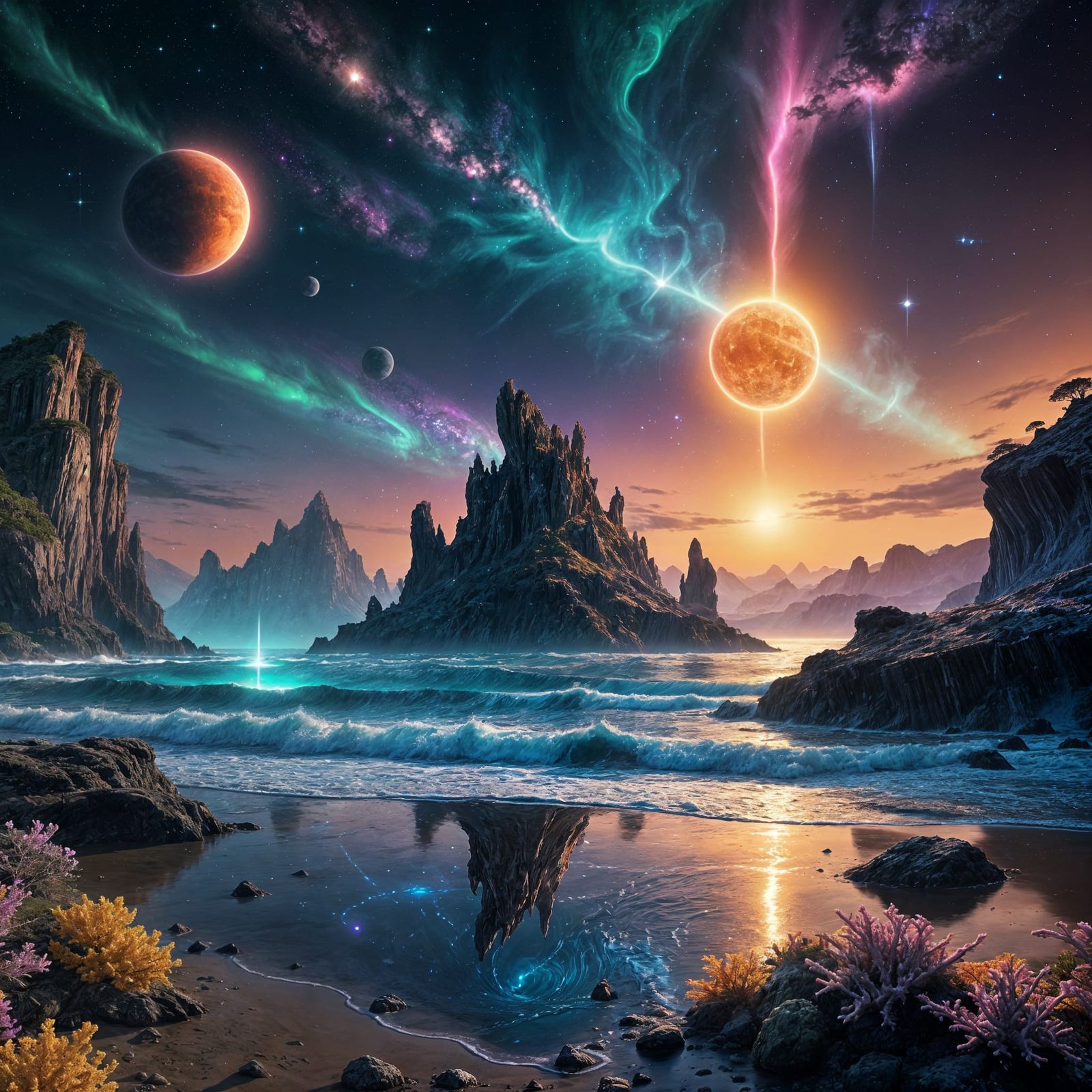 Majestic Cosmic Landscape with Twin Suns and Bioluminescent ...