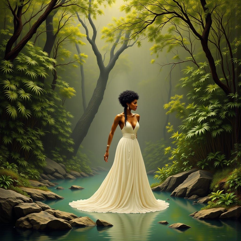 African Woman at Hot Spring in Impasto Style