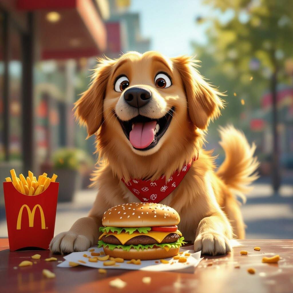 Golden Retriever Enjoys Big Mac in Pixar Style
