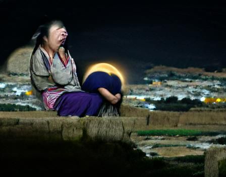 Solitary Woman Crying Under Full Moon