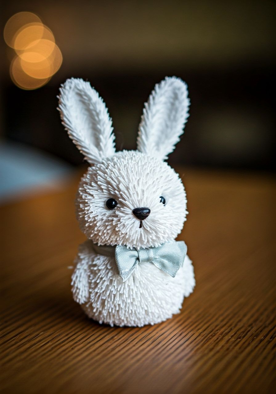 Adorable Pompom Rabbit Sculpture with Bow Tie