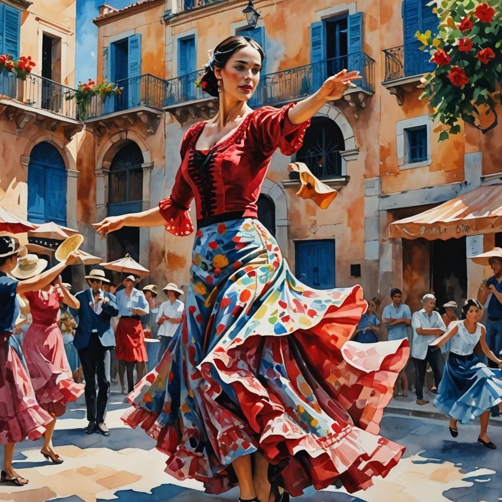 Flamenco Dancer in Gouache Style on Village Square