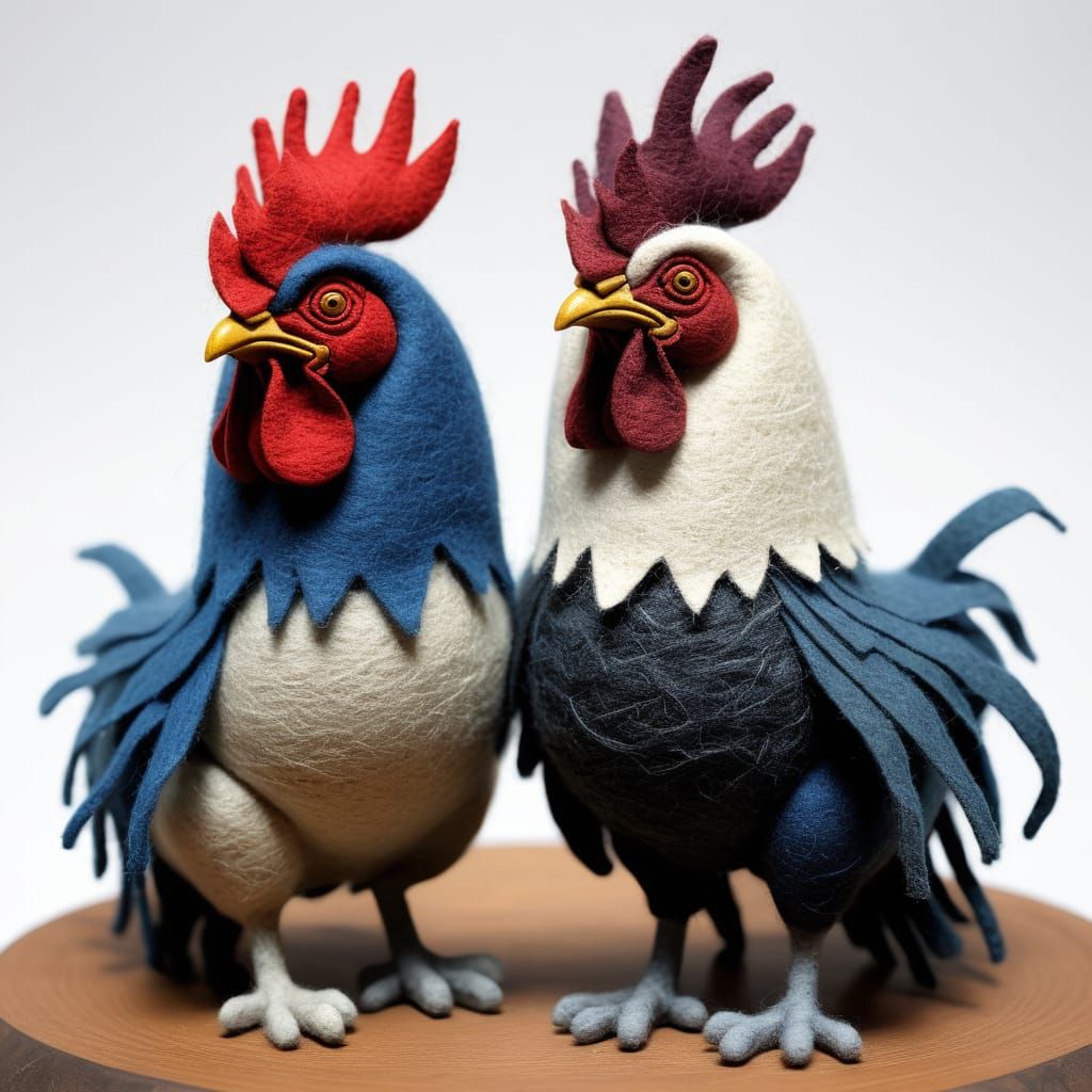Felted Rooster and Hen Sculpture in Gothic Style