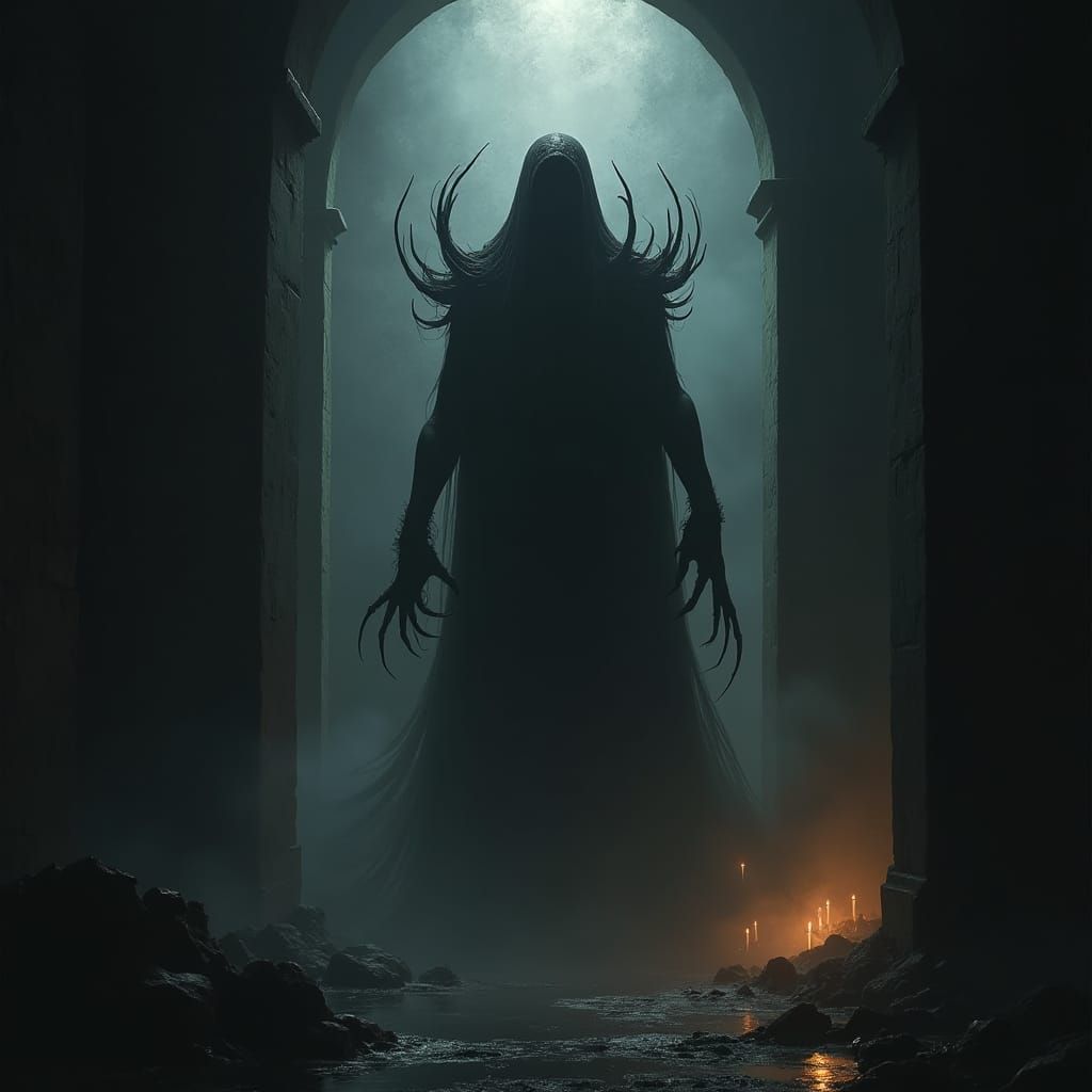 Malevolent Entity in Ominous Shadows: Dark Fantasy Art