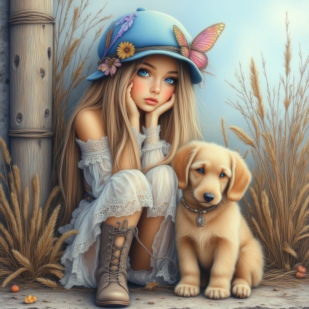 Pastel Chalk Art Girl with Dog by Fence