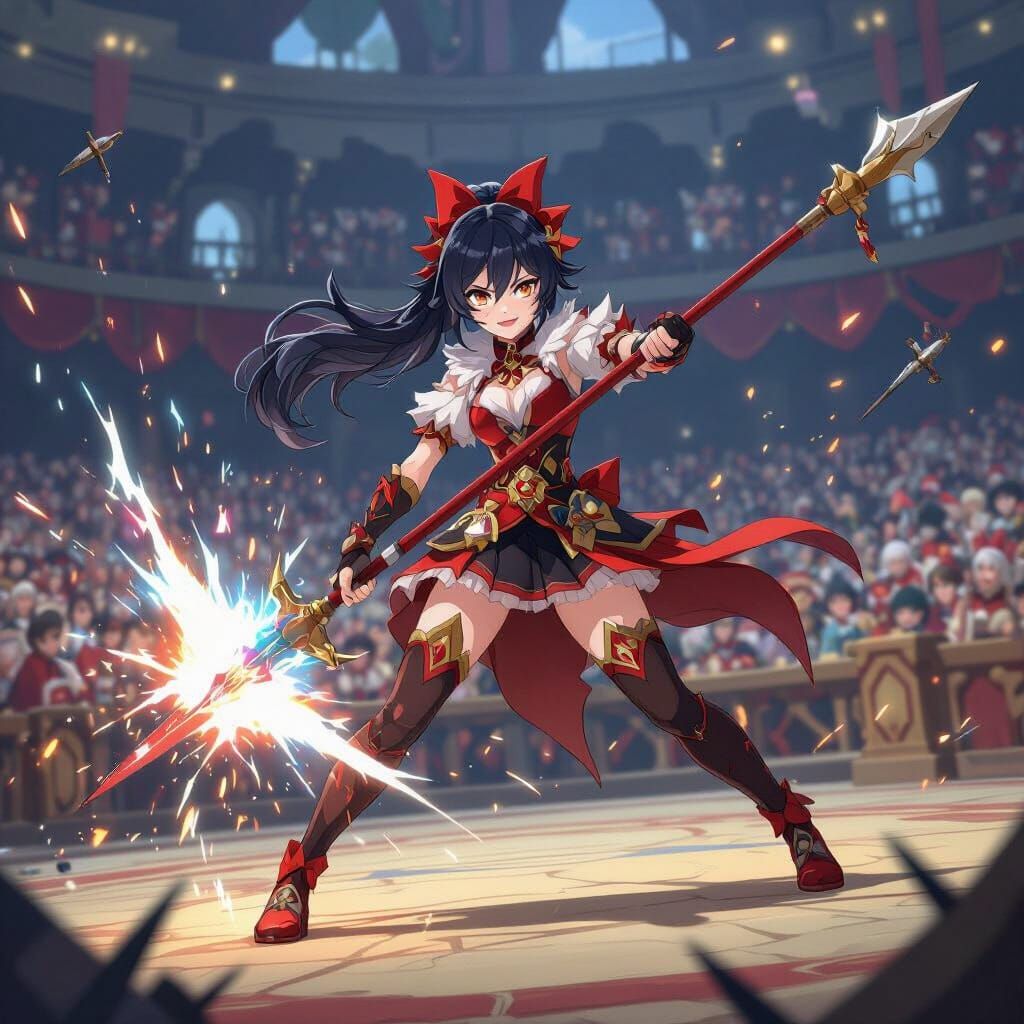 Arlecchino in Fierce Combat Pose with Crimson Polearm