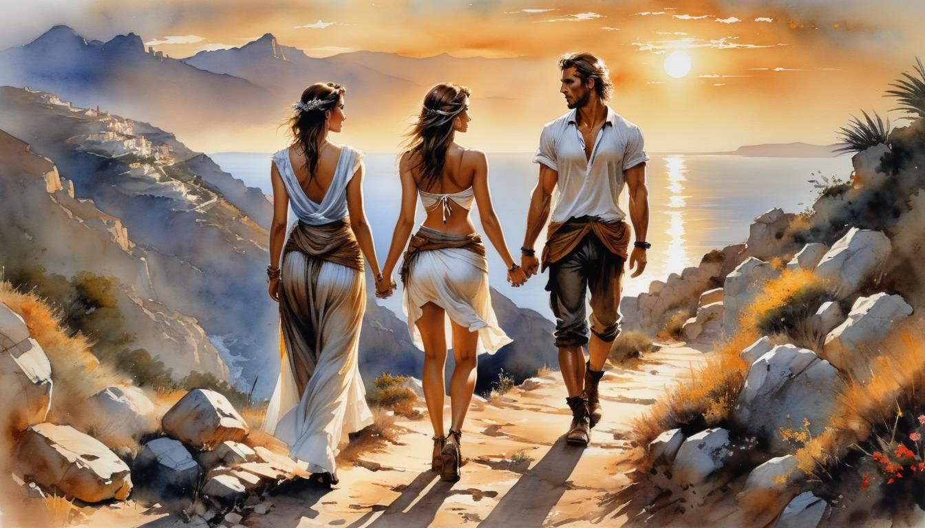 Couple on Mediterranean Path, Watercolor and Ink