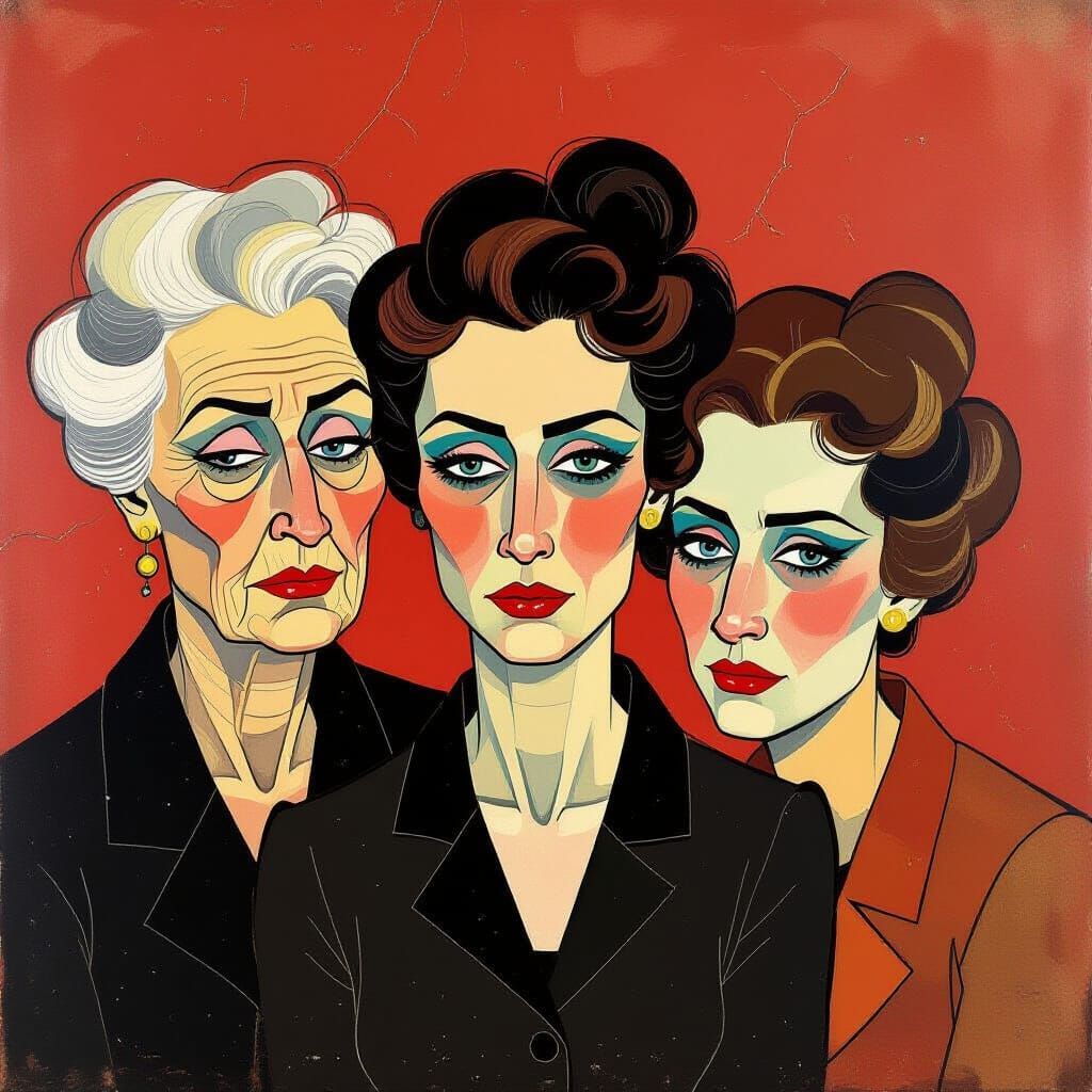 Egon Schiele-Inspired Triptych of Women's Emotions