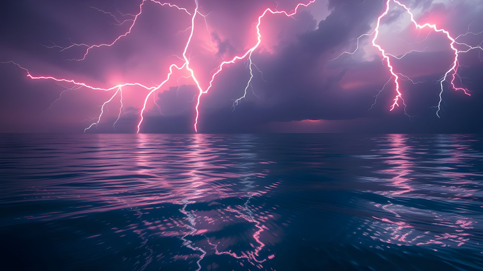 Neon Lightning Reflected on Still Ocean, Digital Art