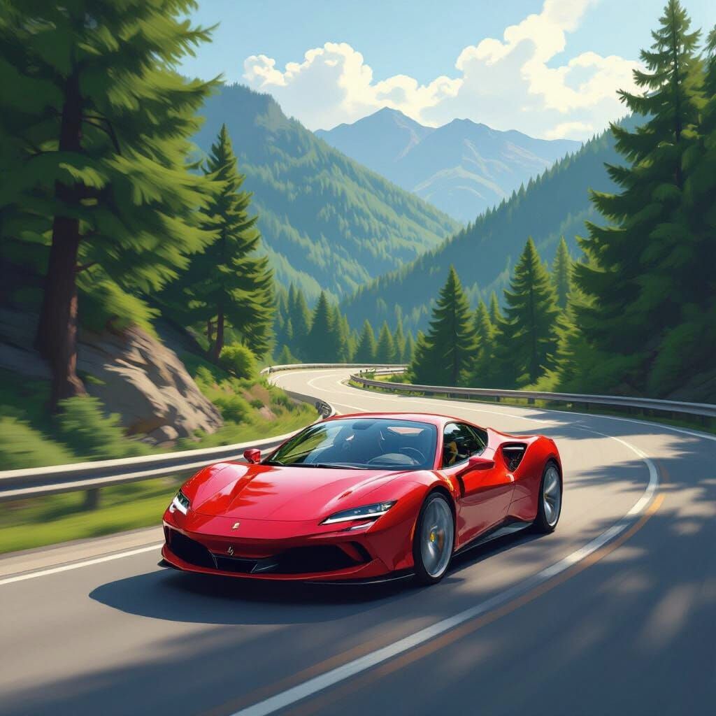 Red Ferrari on Mountain Road in Futuristic Style
