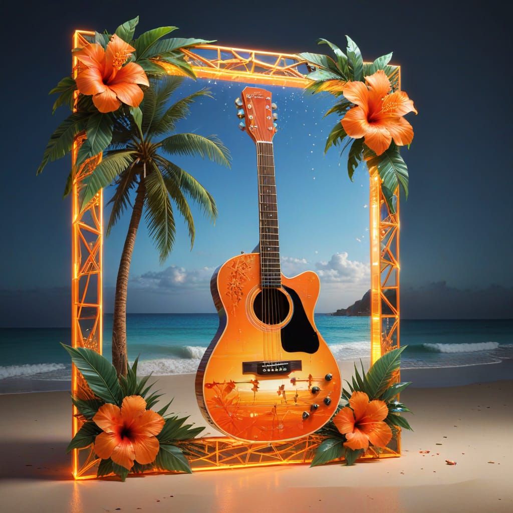 Tropical Beach Scene in Guitar Frame: CGI Art