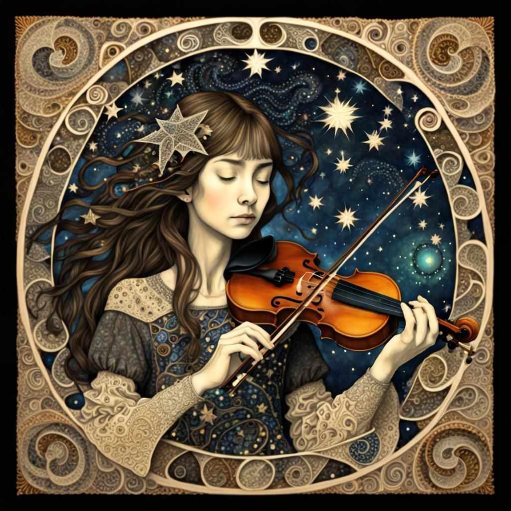 Fractal Violin with Stars and Crepuscular Rays