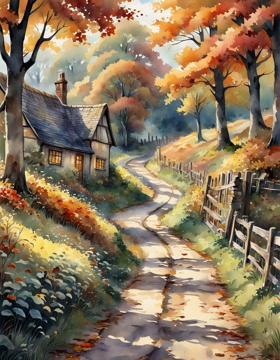 Stunning Autumn Country Lane Watercolour Illustration