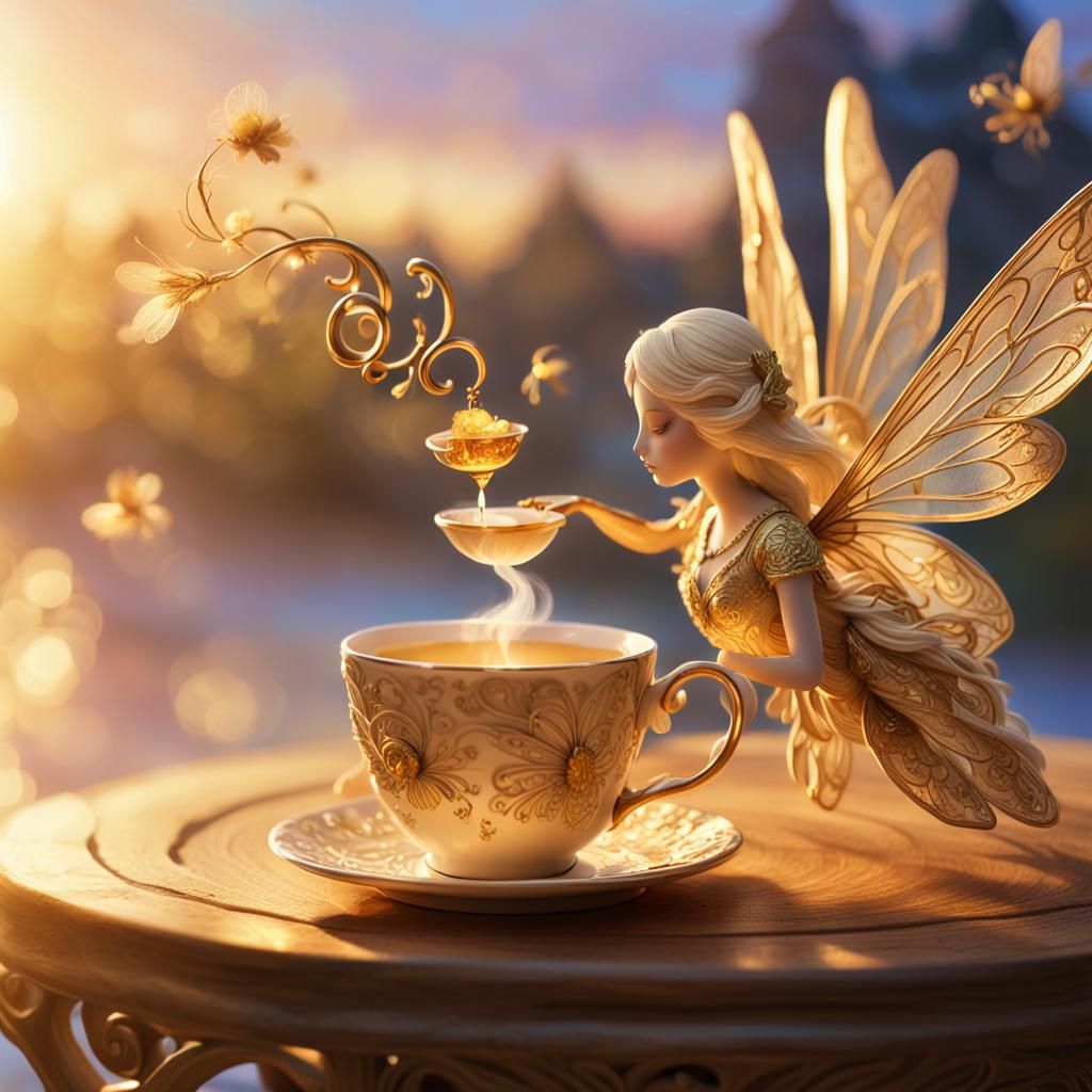 Golden Winged Fairy with Tea Cup as Oil Painting
