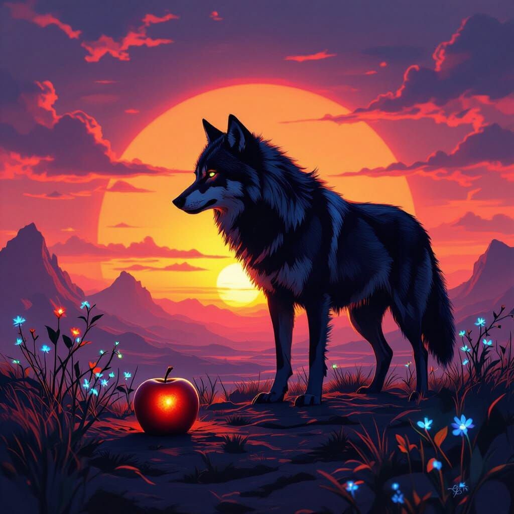 Lone Wolf Against Alien Sunset in Painterly Style