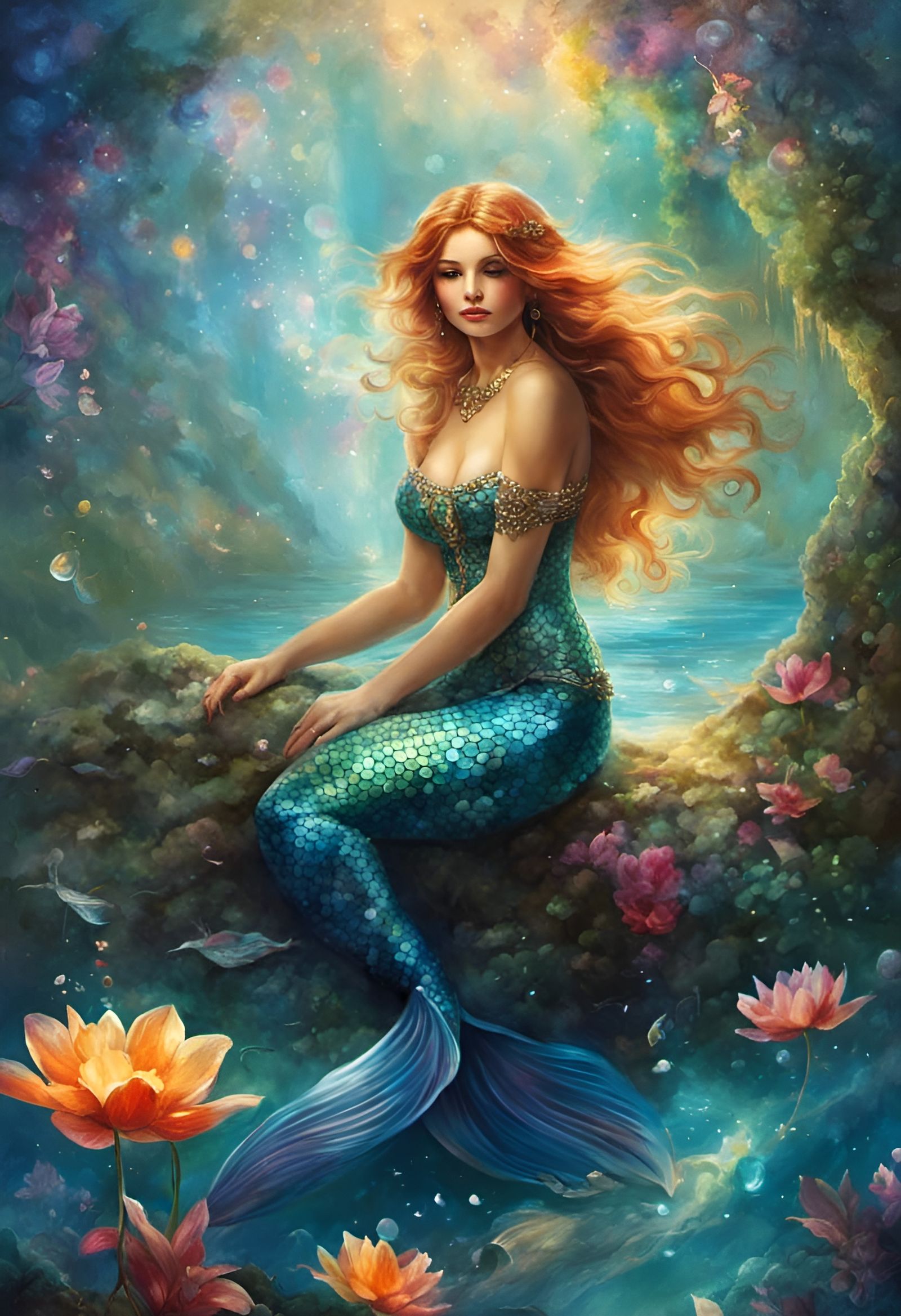 A dreaming mermaid in a tropical lagoon