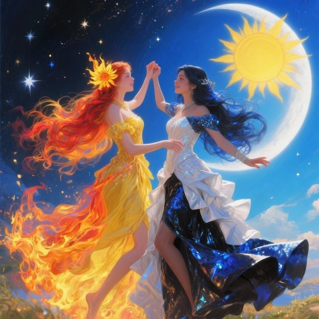 Sun and Moon Girls Dance in Detailed Fantasy Matte Painting