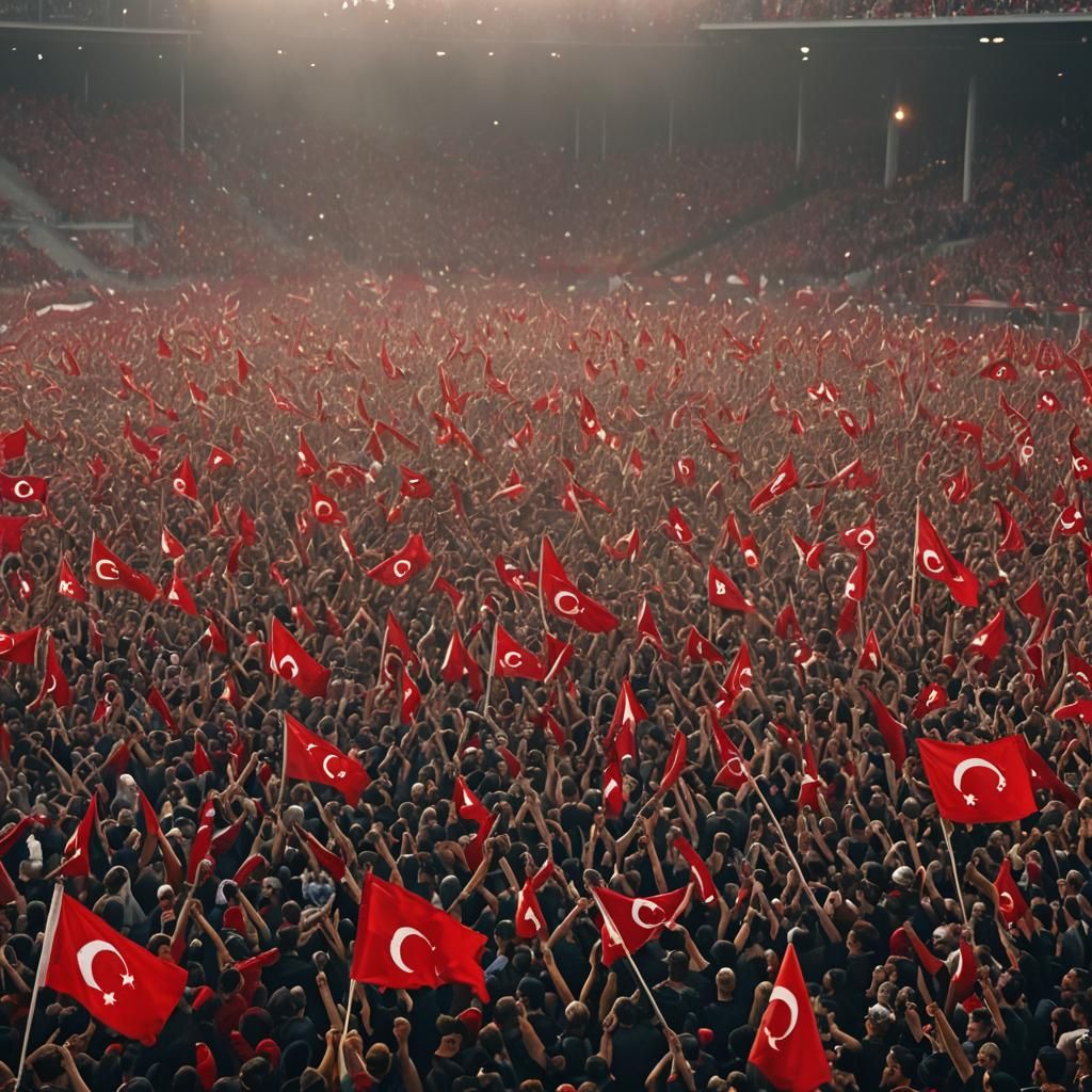 Turkish Fans Fill Stadium with Flags, Cinematic View