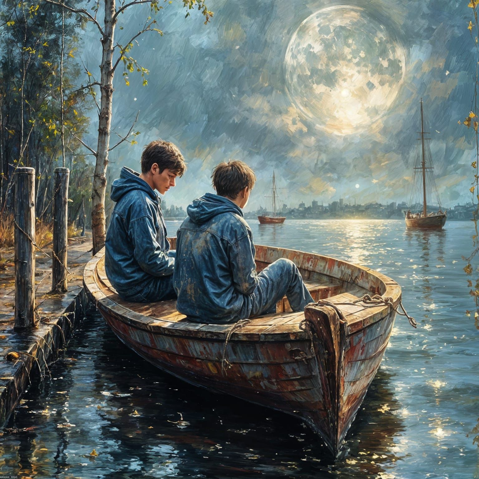 Teens Relaxing on Boat in Neo-Impressionist Style