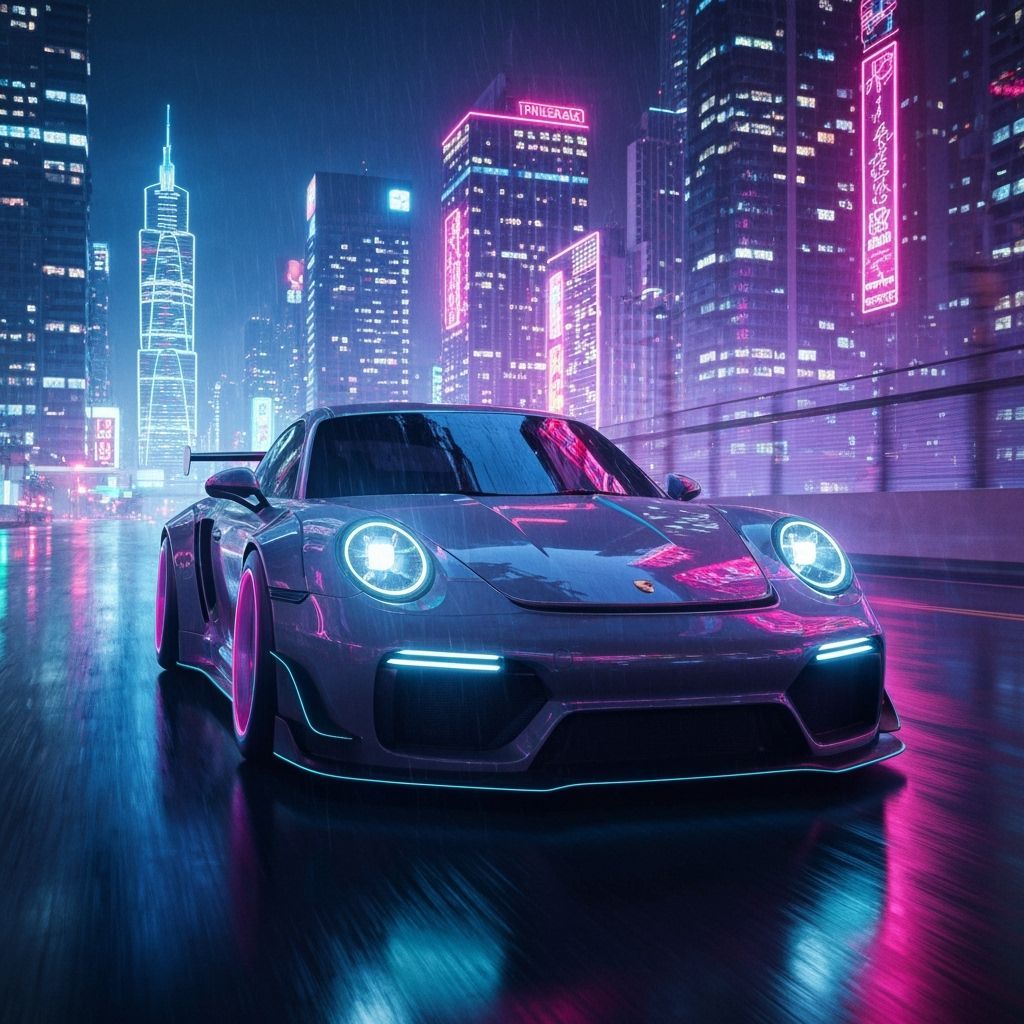 Cyberpunk Porsche Races Through Neon City at Midnight